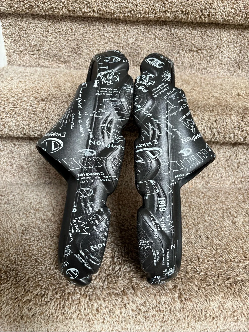 Champion Men’s Black Platform Slides with White Graphic Logo Print